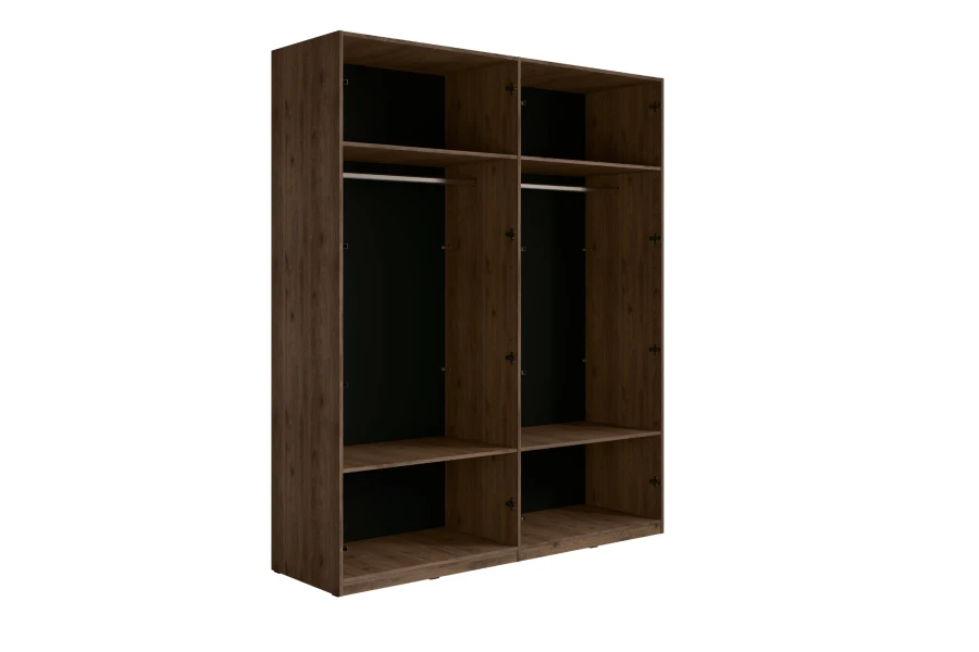 Kleiderschrank-Innenleben in dunkler Holzoptik mit Kleiderstangen und Fächern.