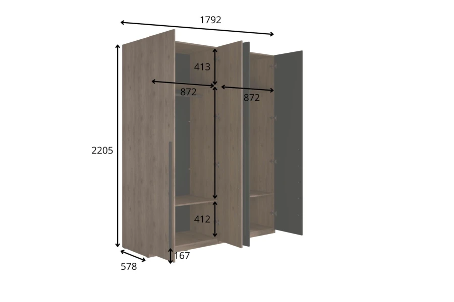 Skizze mit Abmessungen für einen großen Kleiderschrank: 1792 x 2205 x 578 mm.