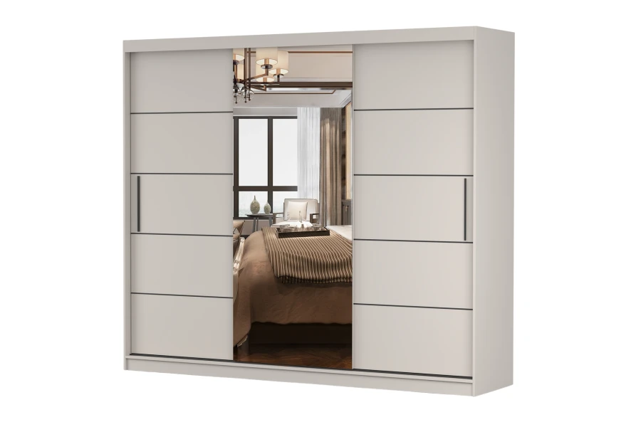 Moderner Schiebetürenschrank in Beige mit Spiegelfront für Schlafzimmer.