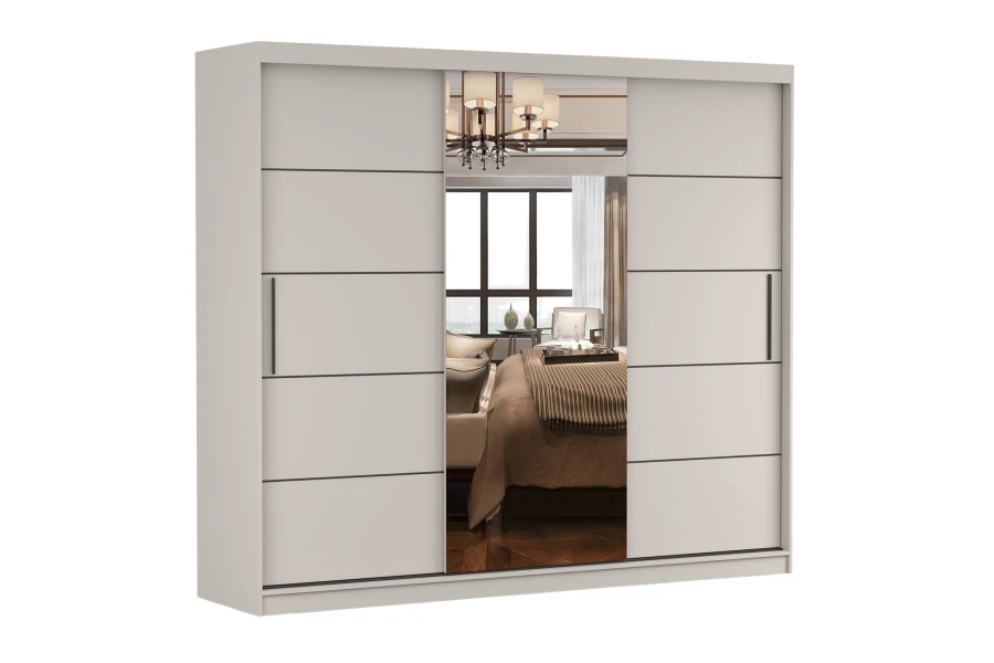 Stilvoller beiger Kleiderschrank mit praktischen Schiebetüren und Spiegel.