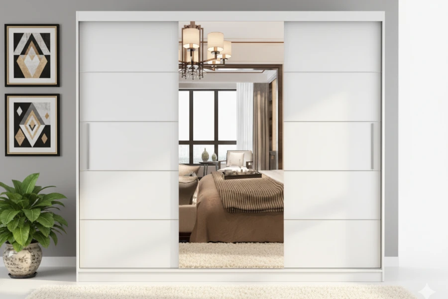Moderner Kleiderschrank in Weiß mit Spiegeltür in hell eingerichtetem Schlafzimmer.