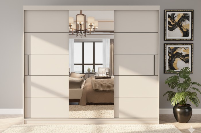 Beiger Schwebetürenschrank mit Spiegel für das Schlafzimmer, zeitloses Möbeldesign.