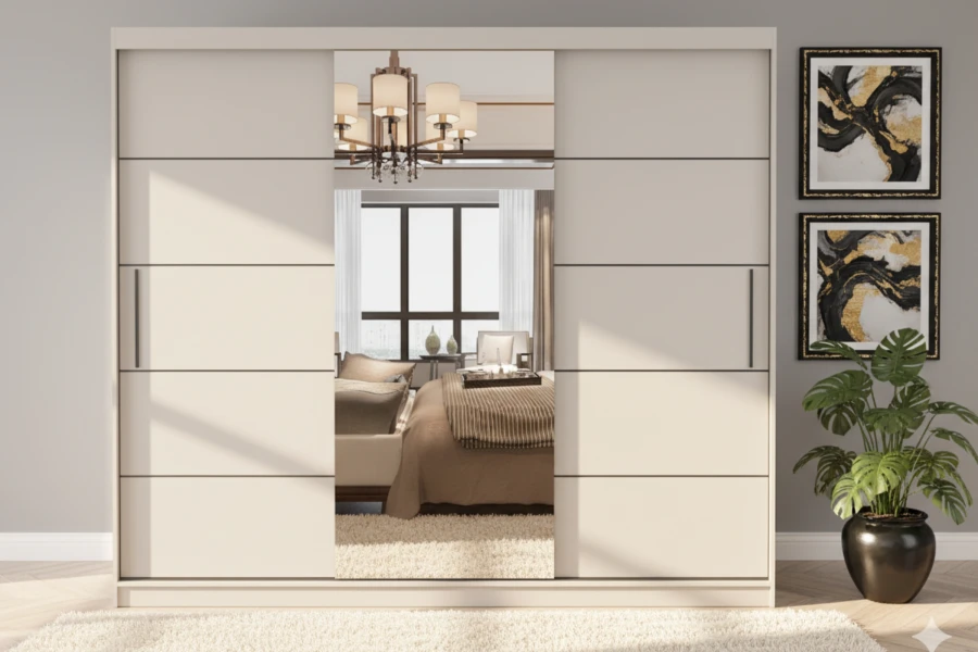 Beiger Schwebetürenschrank mit Spiegel für das Schlafzimmer, zeitloses Möbeldesign.