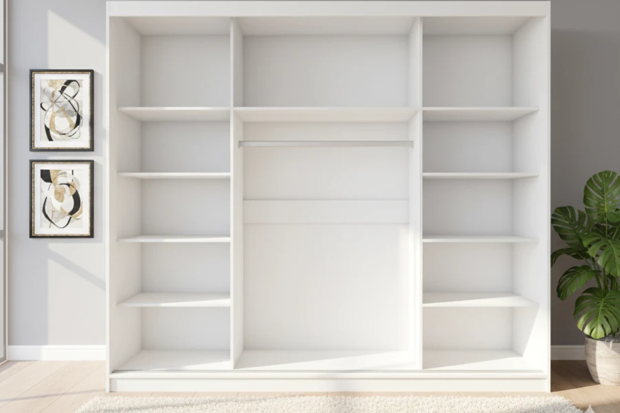 Innenleben eines Kleiderschranks mit Regalfächern und Kleiderstange zur Organisation.