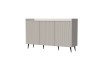 Sideboard in Hellgrau mit modernem Rillen-Design und schwarzen konischen Beinen.
