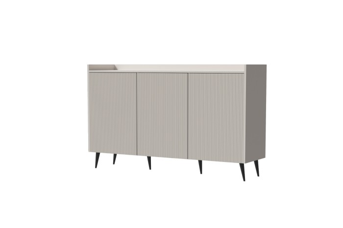 Sideboard in Hellgrau mit modernem Rillen-Design und schwarzen konischen Beinen.