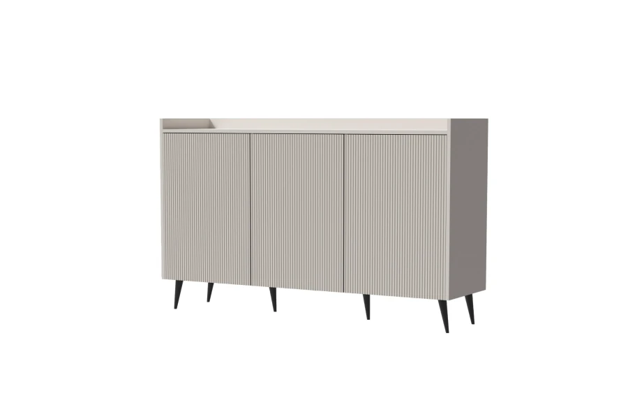 Sideboard in Hellgrau mit modernem Rillen-Design und schwarzen konischen Beinen.