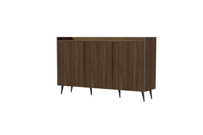 Elegantes Sideboard in dunkler Nussbaum-Optik mit stilvoller Lamellenfront und schwarzen Beinen.