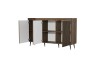 Dunkles Sideboard mit geöffneten Türen, weißen Innenfächern und schwarzen Metallbeinen.