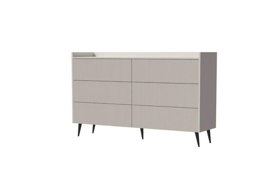 Moderne beige Kommode mit geriffelter Front und sechs Schubladen auf schwarzen Beinen.