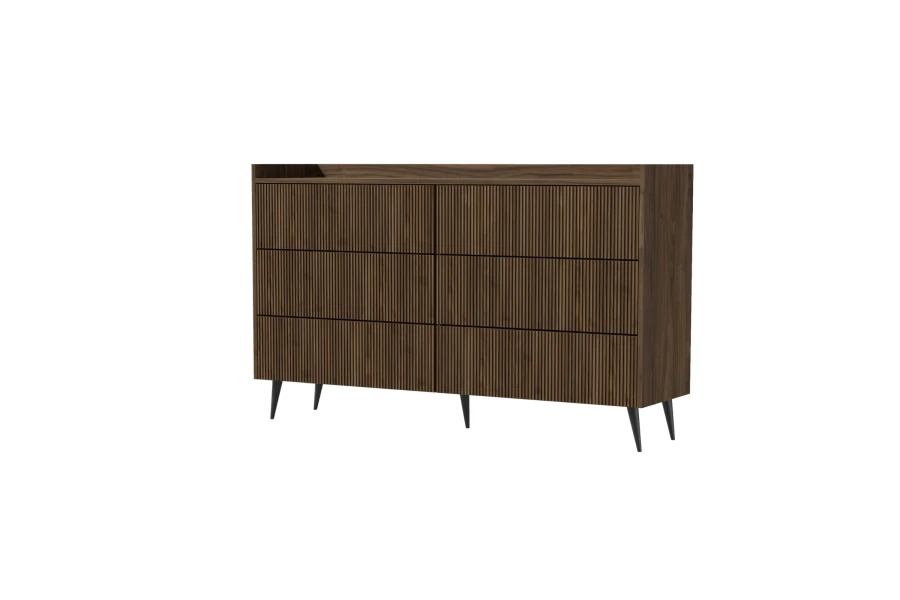 Dunkle Holz-Kommode mit vertikalen Rillen und sechs Schubladen im modernen Design.