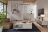 Modernes Wohnzimmer mit beigen Designmöbeln, Couchtisch und Sideboards mit Lamellenfront.