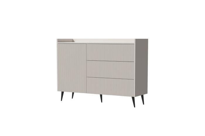 Beige Kommode mit geriffelter Front und eleganten schwarzen Füßen vor weißem Hintergrund.