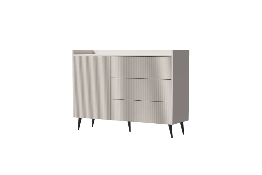Modernes Sideboard in Beige mit vertikalen Rillen und eleganten schwarzen Beinen.