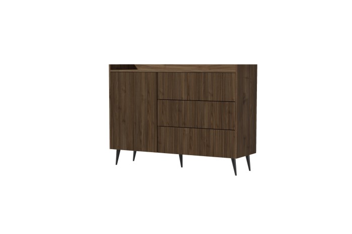 Moderne Kommode in Walnuss-Optik mit Lamellen-Design und schwarzen Füßen auf weißem Hintergrund.