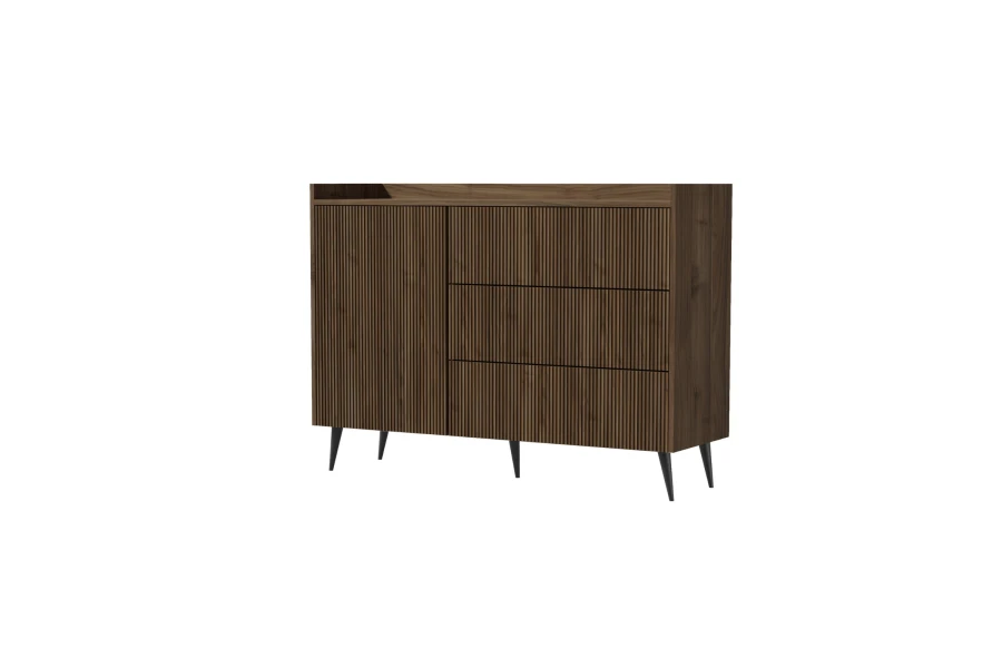 Elegante dunkle Kommode in Holzoptik mit strukturierten Fronten und Metallfüßen.
