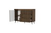 Geöffnetes dunkles Sideboard mit Ansicht der Innenfächer und ausgezogenen Schubladen.