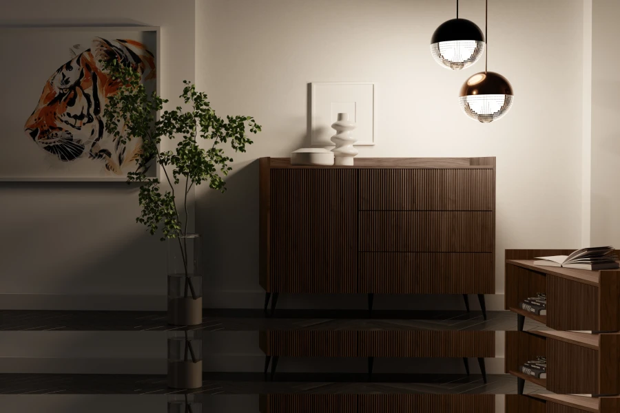 Modernes Sideboard aus dunklem Holz mit Tiger-Gemälde und stilvoller Hängeleuchte im Wohnzimmer.