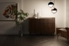 Dunkles Holz-Sideboard mit dekorativem Tigerbild und Zimmerpflanze in einem modern eingerichteten Raum.