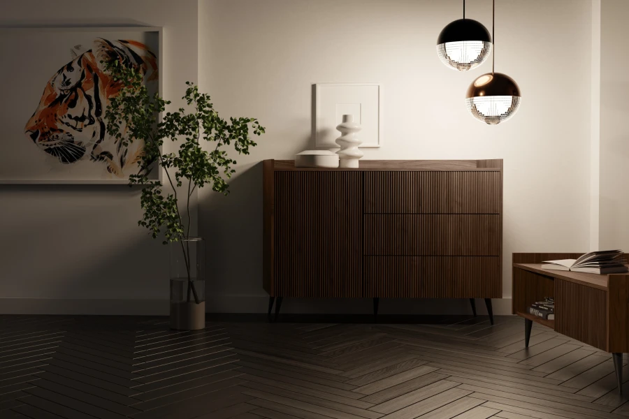 Dunkles Holz-Sideboard mit dekorativem Tigerbild und Zimmerpflanze in einem modern eingerichteten Raum.