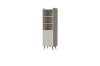 Beiges Standregal mit drei offenen Fächern und Tür mit Rillenstruktur auf schlanken Beinen.
