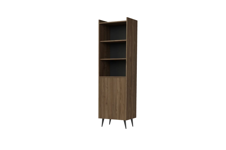 Hohes Holzregal in Nussbaum-Optik mit offenen Ablagen und Tür im modernen Rillen-Design.