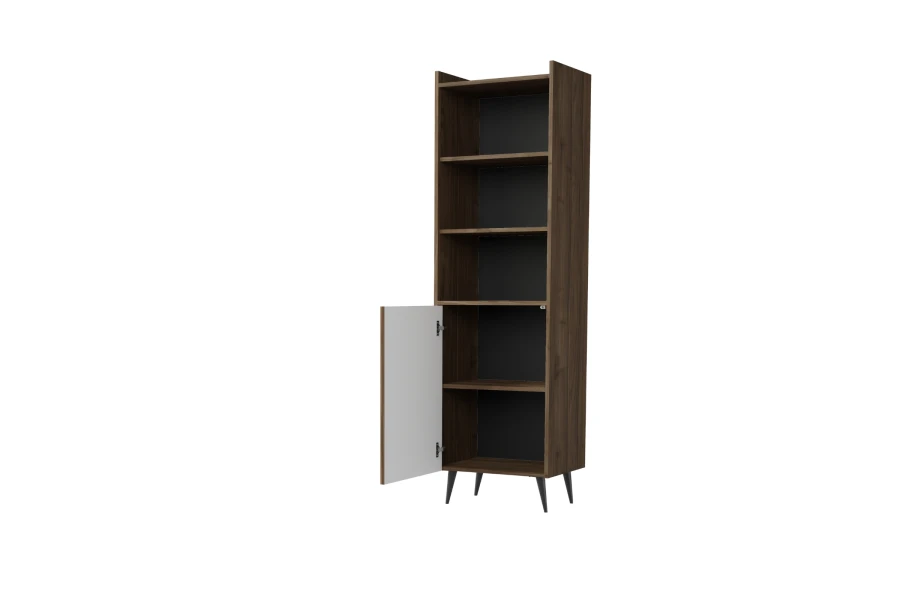 Hohes Bücherregal in Walnuss-Optik mit offener Tür und schwarzen Metallbeinen.