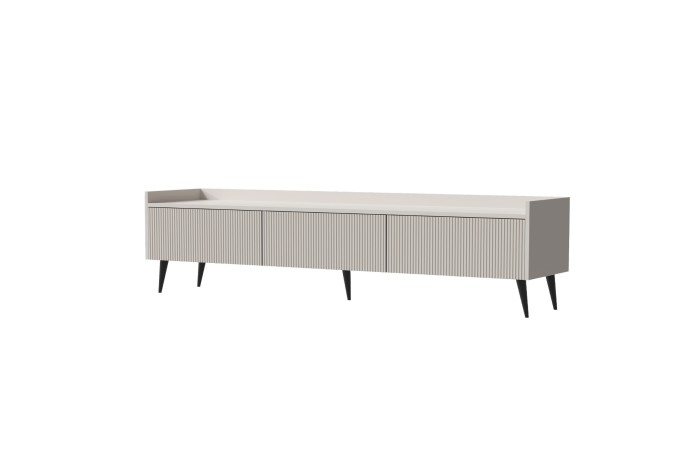 Cremefarbenes Lowboard mit moderner Rillenoptik und schwarzen Standfüßen.