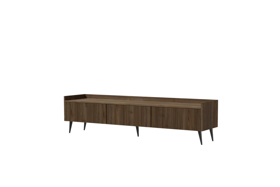 Dunkles TV-Lowboard aus Holz mit dekorativem Riffel-Design und schwarzen Füßen.