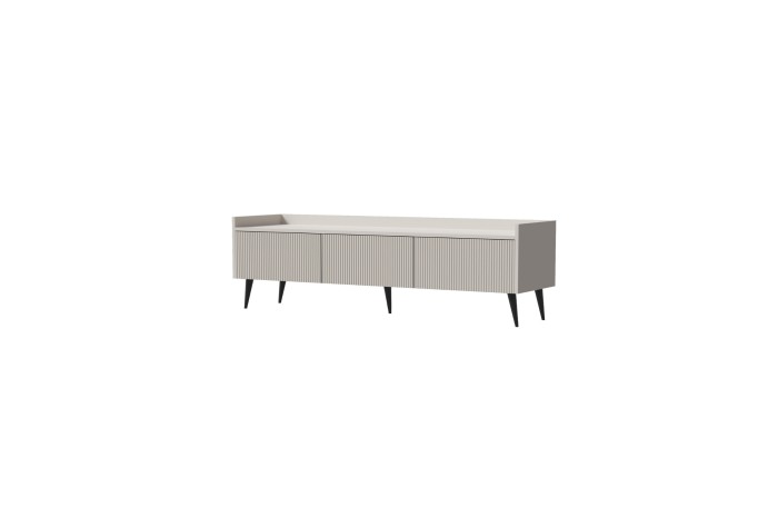 Helles TV-Board in Beige mit vertikalen Lamellen und schwarzen Beinen, modernes minimalistisches Design.