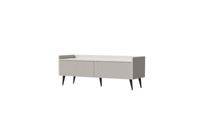 Modernes beiges Sideboard mit Rillenfront und schwarzen Beinen.