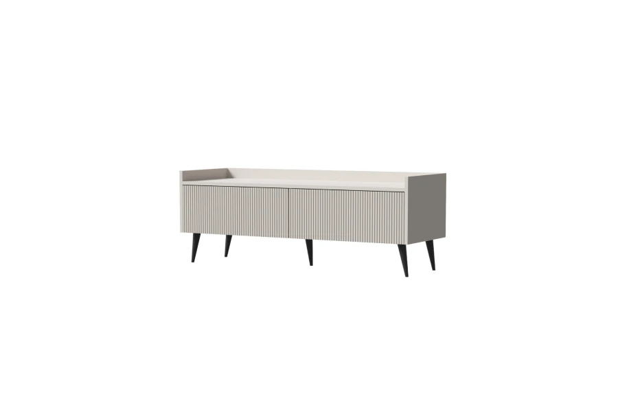 Helles TV-Lowboard in Beige mit Rillenstruktur und eleganten schwarzen Beinen.