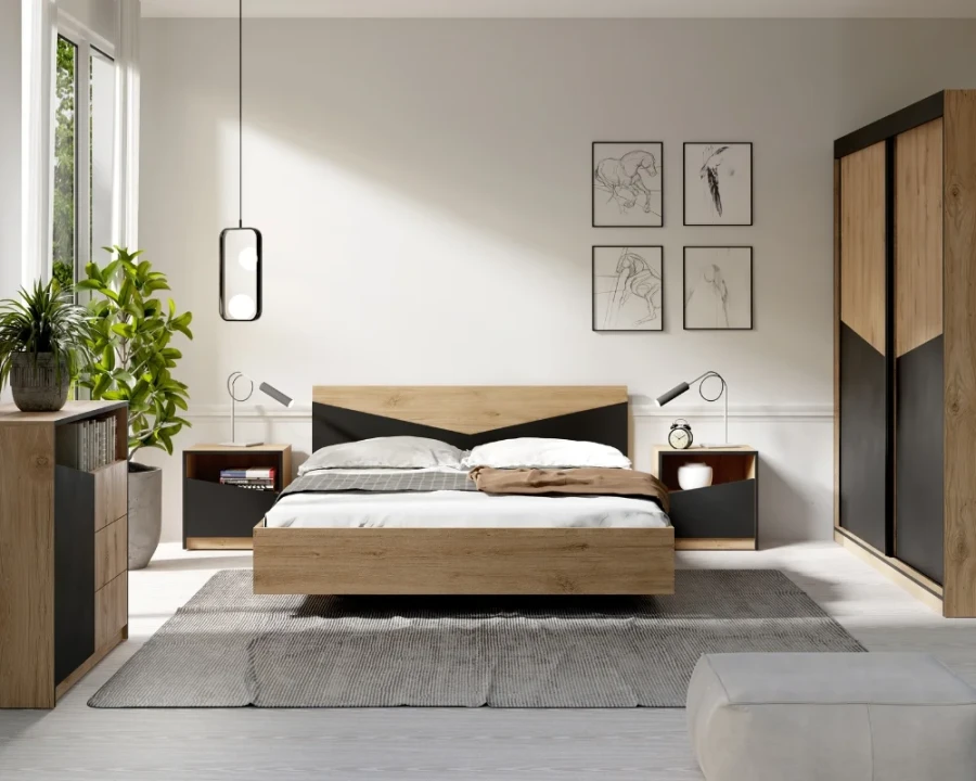 Modernes Schlafzimmer-Set Arno in Eiche und Schwarz mit Bett, Kommode und Kleiderschrank.