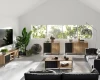 Modernes Wohnzimmer mit Möbeln in Eiche und schwarzen Lamellen-Details.