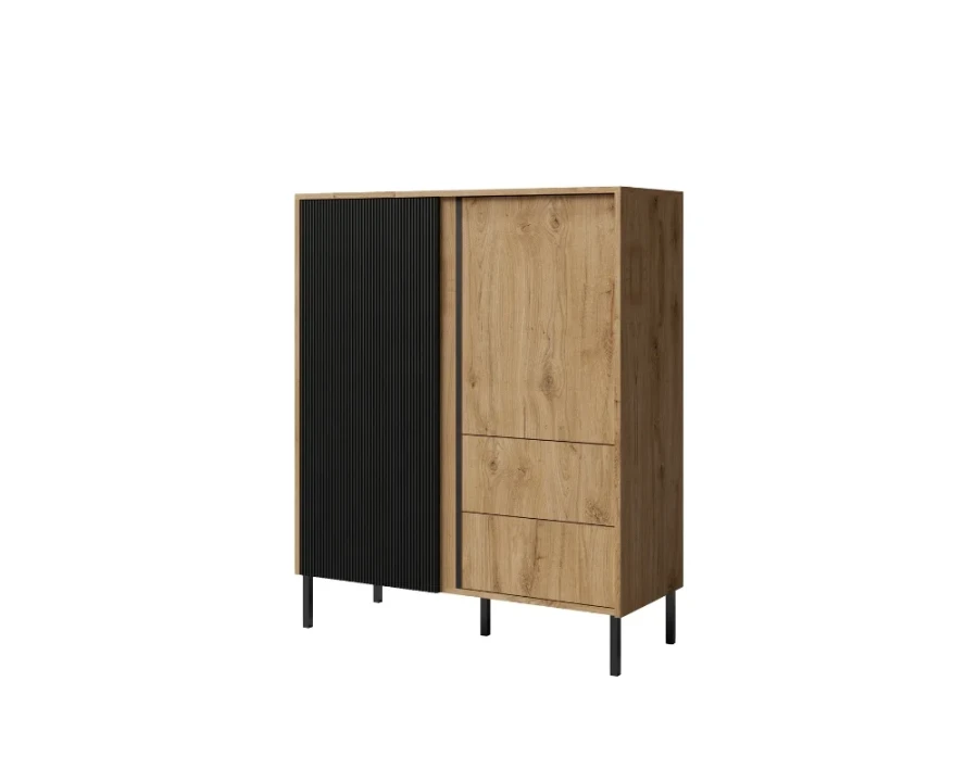 Highboard aus Eichenholz mit schwarzer Riffel-Front und zwei Schubladen auf Metallfüßen.