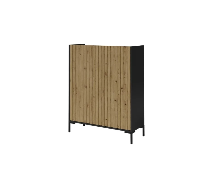 Hohes Sideboard in Schwarz mit Holzlamellen-Front und Metallfüßen für das Wohnzimmer.