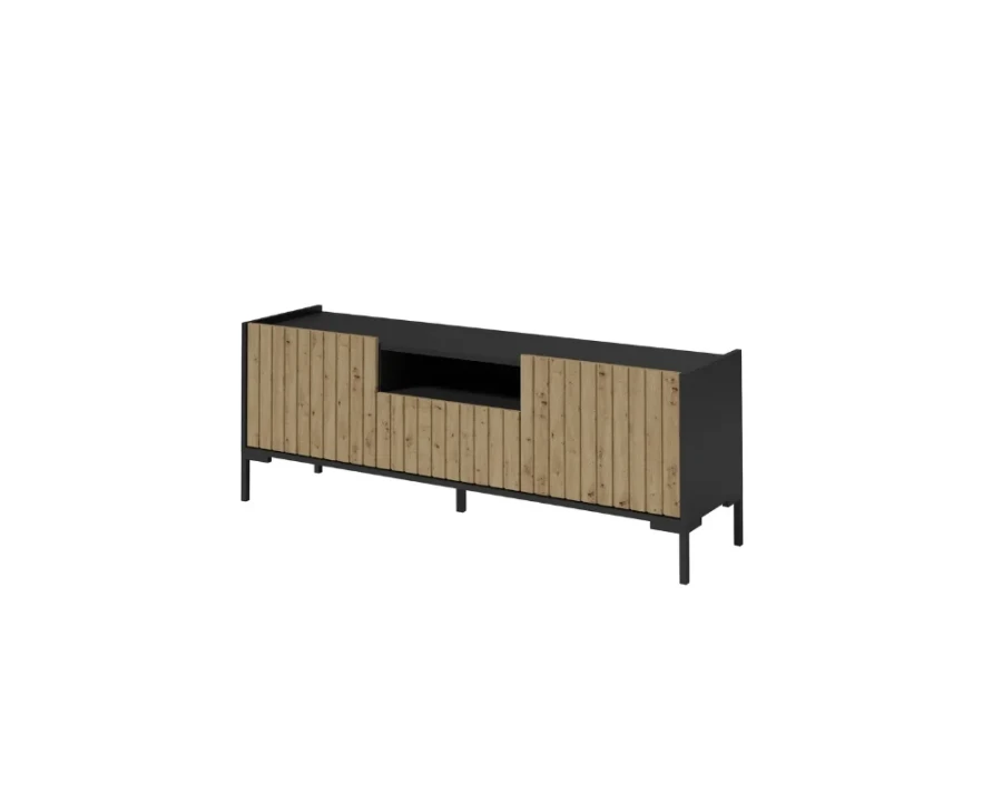 Modernes Lowboard in Schwarz mit Fronten in Holzoptik, Lamellen-Design und offenem Fach.