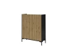 Modernes Highboard mit heller Holzfront und schwarzem Korpus auf Füßen.