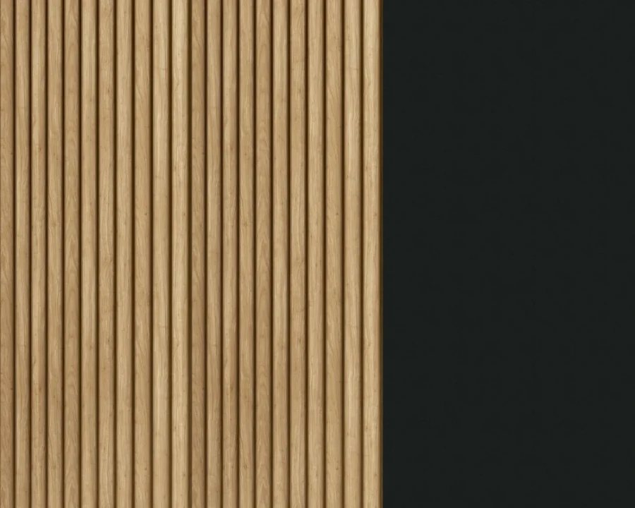 Nahaufnahme von Holz-Lamellen in Eichenoptik kombiniert mit einer schwarzen Oberfläche.