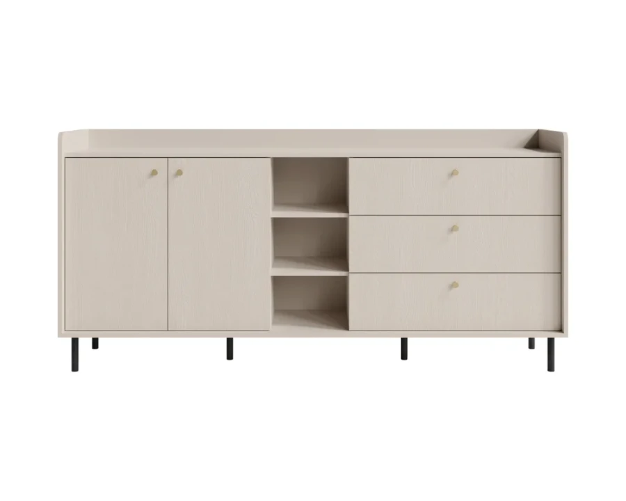 Modernes helles Sideboard mit Türen, Schubladen und offenen Regalfächern auf schwarzen Füßen.