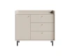 Modernes Sideboard in Beige mit drei Schubladen und einer Tür, schwarze Metallfüße.