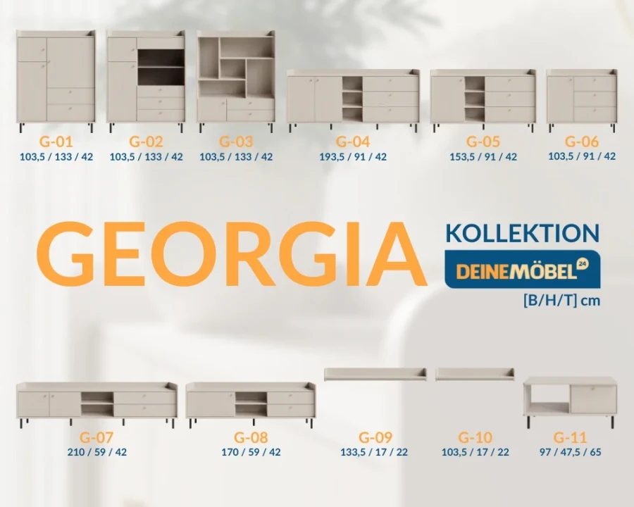 Übersicht der Georgia Möbelkollektion mit verschiedenen Sideboards, Highboards und Maßen.