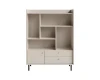 Modernes Highboard GEORGIA in Beige mit offenen Fächern, einer Tür und zwei Schubladen auf schwarzen Beinen.