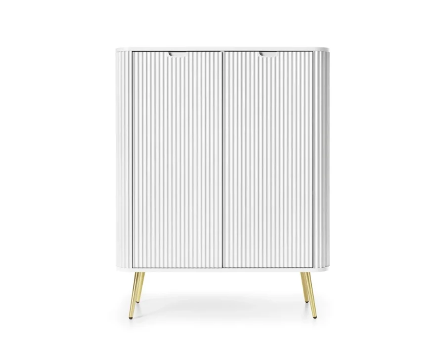 White highboard with fluted front and golden metal legs against a white background.