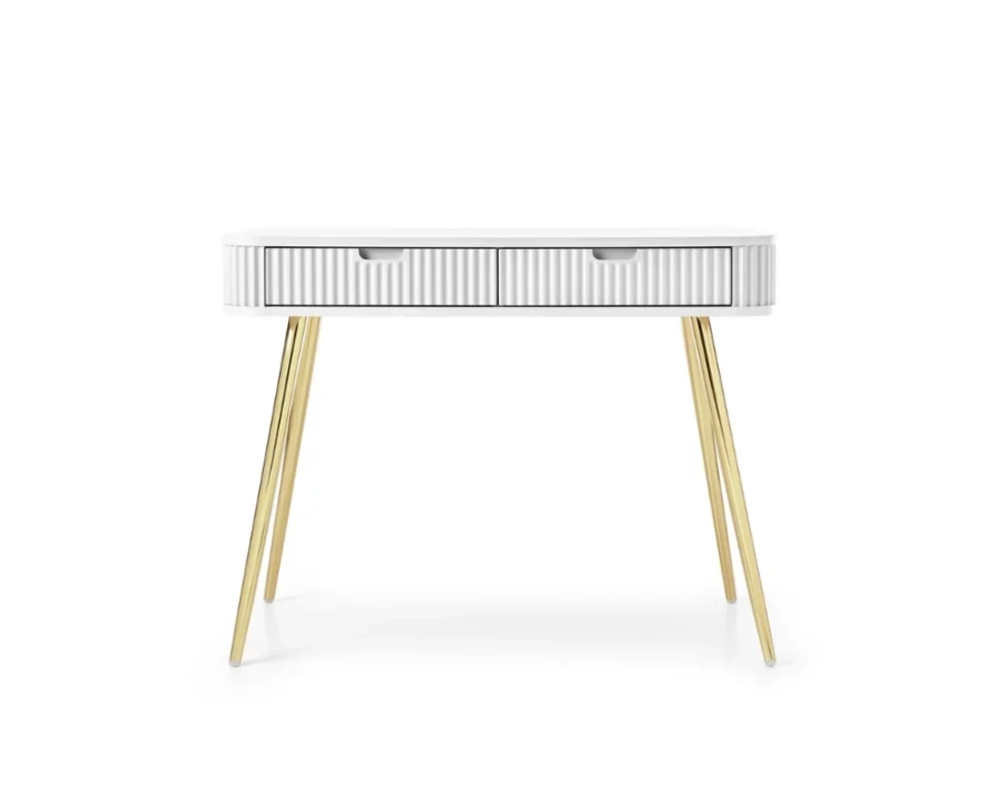 Witte consoletafel met goudkleurige poten en geribbeld front, elegant meubeldesign.