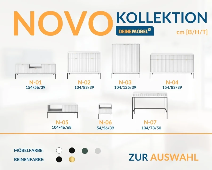 Infografik zur NOVO Kollektion mit Maßen und Farben für verschiedene Möbelstücke.