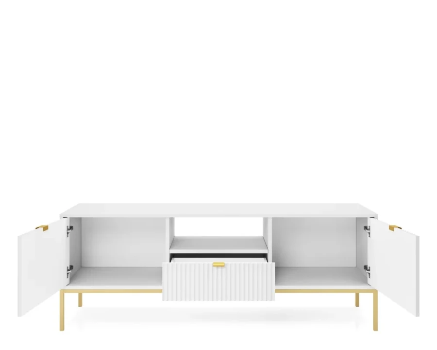 Geöffnetes weißes TV-Lowboard mit Stauraum, Schublade und goldenen Füßen