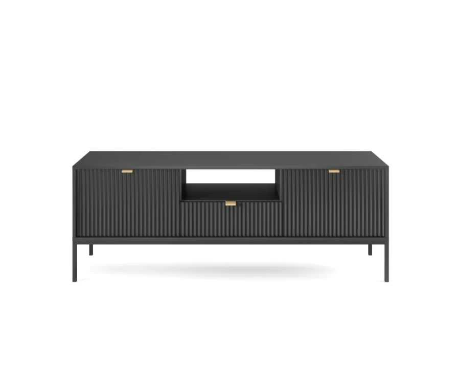 Schwarzes Lowboard mit Rillen-Design und eleganten goldenen Griffen.