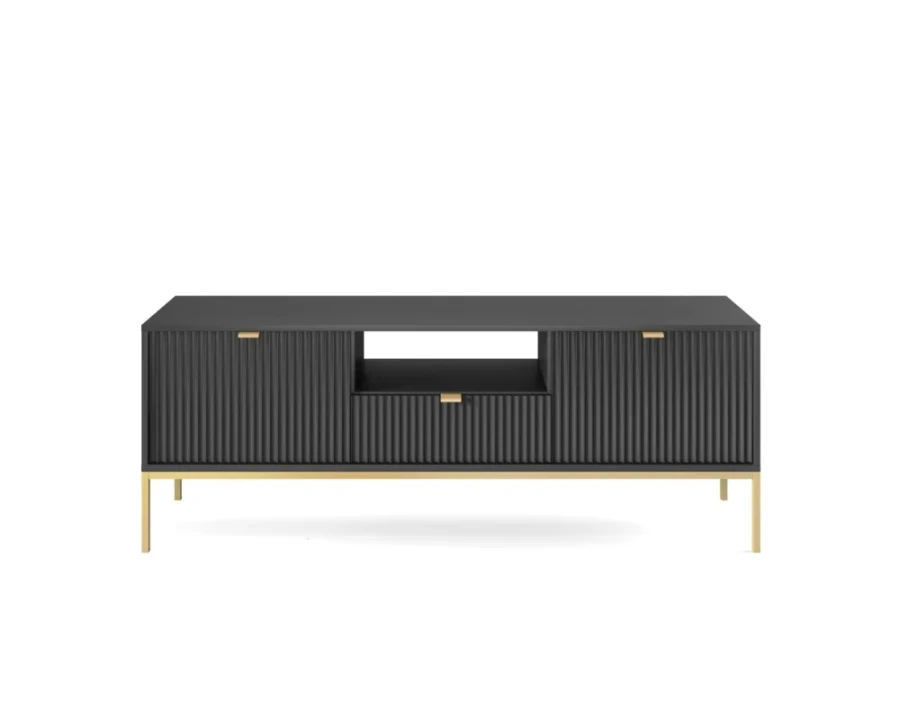 Schwarzes TV-Board mit geriffelten Fronten und eleganten goldenen Metallbeinen in Frontansicht.