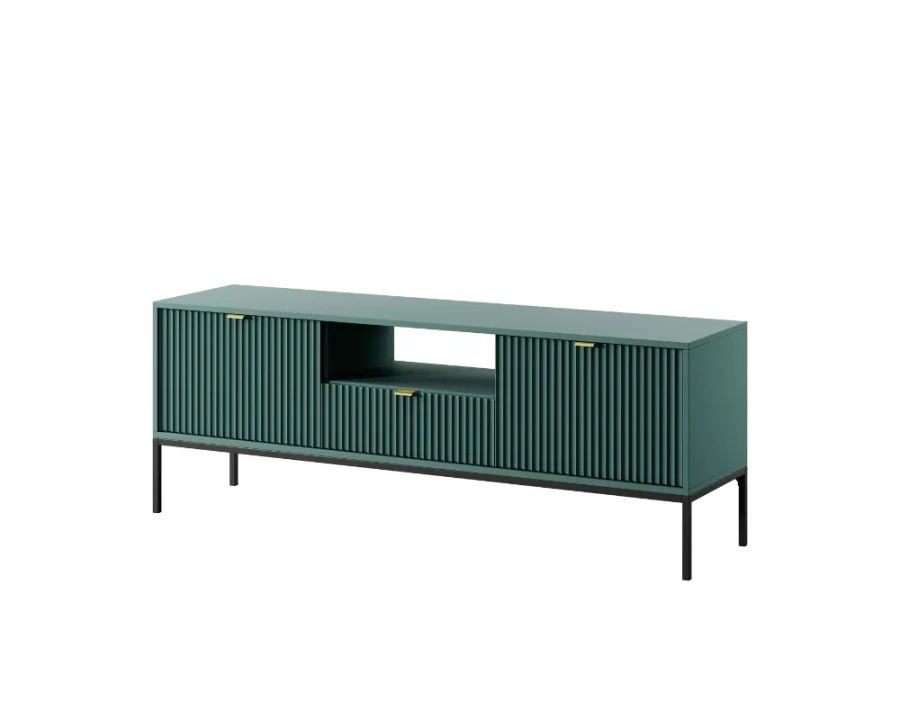 Stilvoller petrolfarbener TV-Unterschrank in modernem Rillen-Design für das Wohnzimmer.